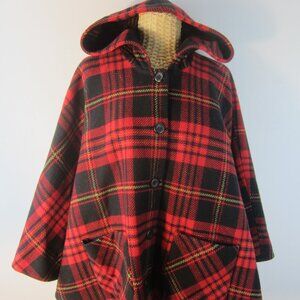 Vtg Pendleton Women One Size 100% Wool Hooded Red Black YellowPlaid Cape Coat Po